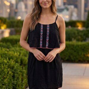 Black Boho Spaghetti Strap Sundress with Aztec Embroidery & Pom-Pom Trim